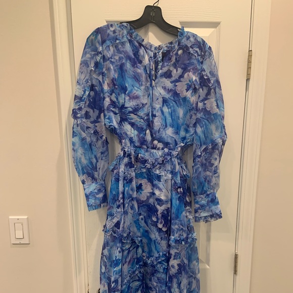 Marchesa Notte I NWT I Blue Midi Long-Sleeve Watercolor Floral Dress - Picture 6 of 6